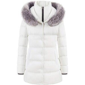 Women's White Long Snow Puffer Jacket Coat Removable Faux Fur Trim Winter Warm
